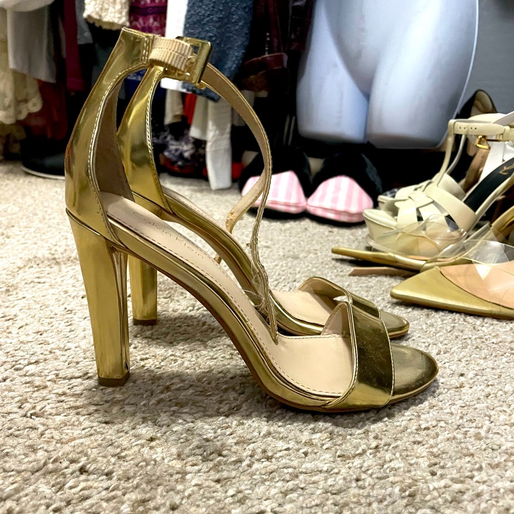 Calvin Klein ankle strap gold heels
